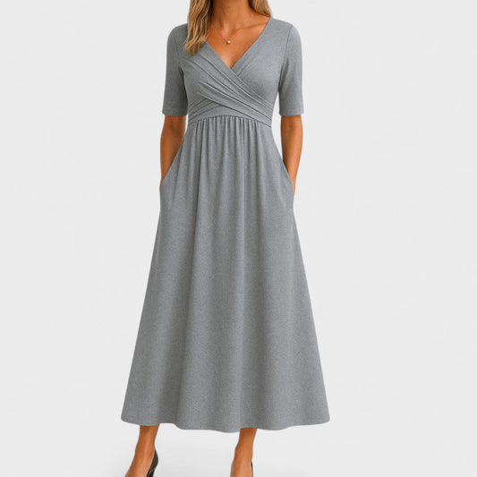 Elegant Gray Wrap Maxi Dress for Women with V Neck Elbow Sleeve Empire Waist Flowing Style