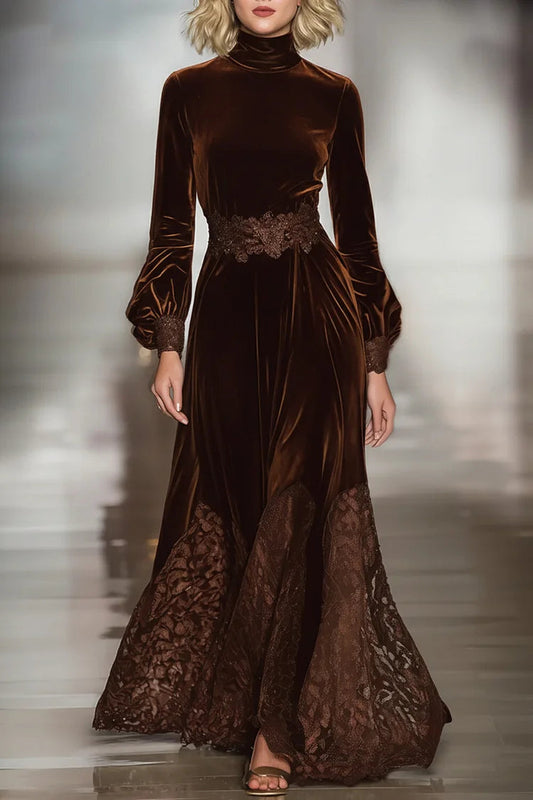 Elegant Brown Velvet Maxi Dress for Women with High Neck Bishop Sleeve Lace Trim Formal Style