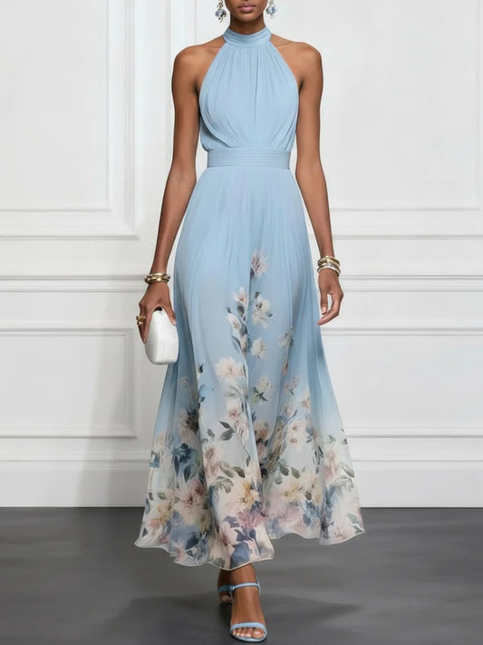 Elegant Blue Floral Maxi Dress for Women with Halter Neck Bow Tie Back Flowing Wedding Guest Style