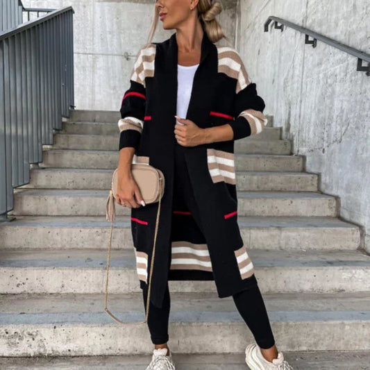 Comfortable Striped Cardigan for Women with Open Front Long Sleeve Longline Oversized Knit Style