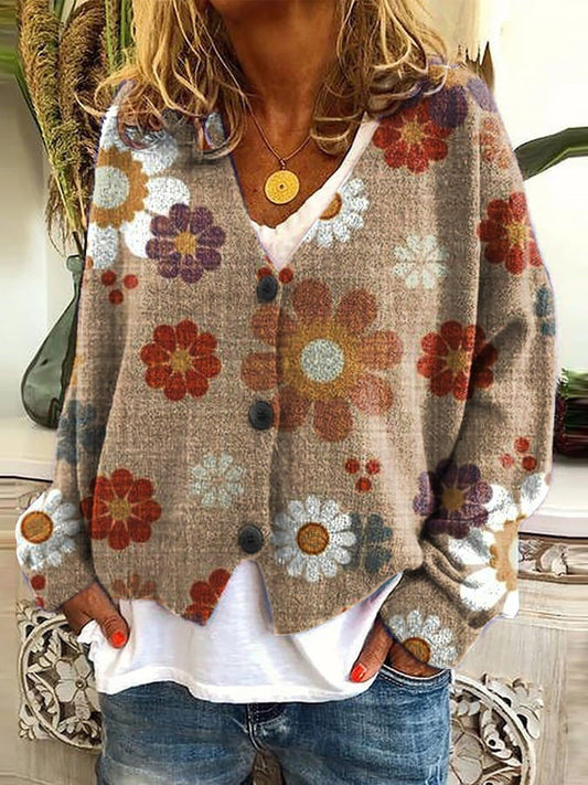 Comfortable Floral Print Cardigan for Women with V Neck Long Sleeve Button Front Relaxed Bohemian Style