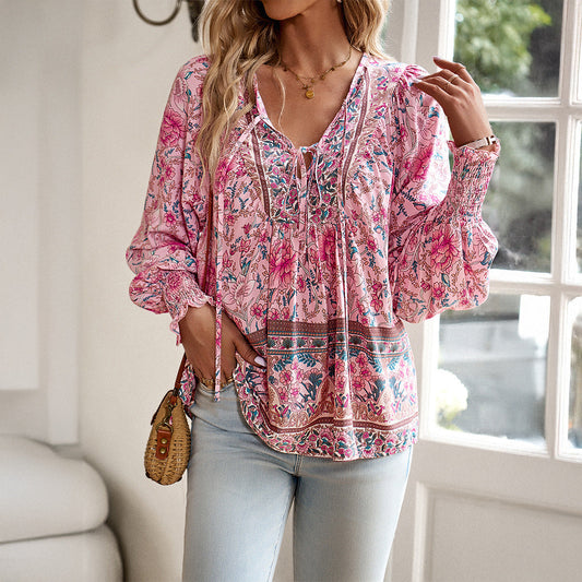 Effortless Floral Blouse for Women with V Neck Long Sleeve Smocked Cuff Bohemian Style
