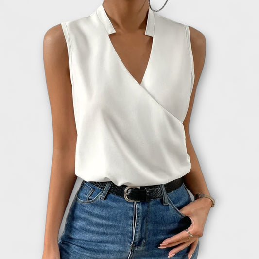 Elegant Satin Wrap Blouse for Women with V Neck Sleeveless Surplice Relaxed Silky Style