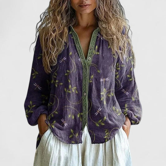 Effortless Floral Linen Blouse for Women with V Neck Long Sleeve Crochet Trim Boho Style