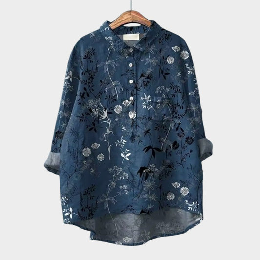 Effortless Floral Linen Blouse for Women with Collar Long Sleeve Button Front High Low Relaxed Style