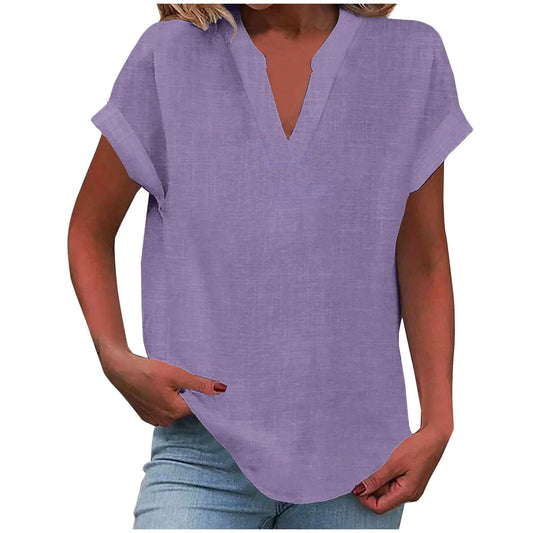 Effortless Linen Blouse for Women with Notch V Neck Short Sleeve Relaxed Tunic Style
