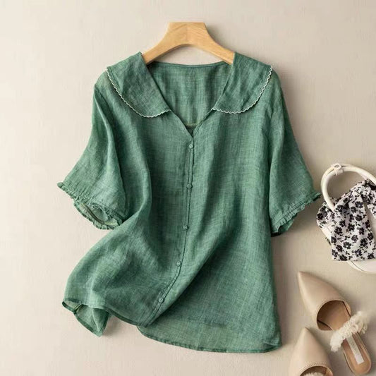 Effortless Linen Blouse for Women with Peter Pan Collar Ruffle Sleeve Button Front Casual Style