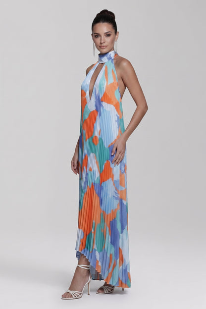 Effortless Floral Print Maxi Dresses for Women with Halter Neck Sleeveless Pleated Skirt Summer Style
