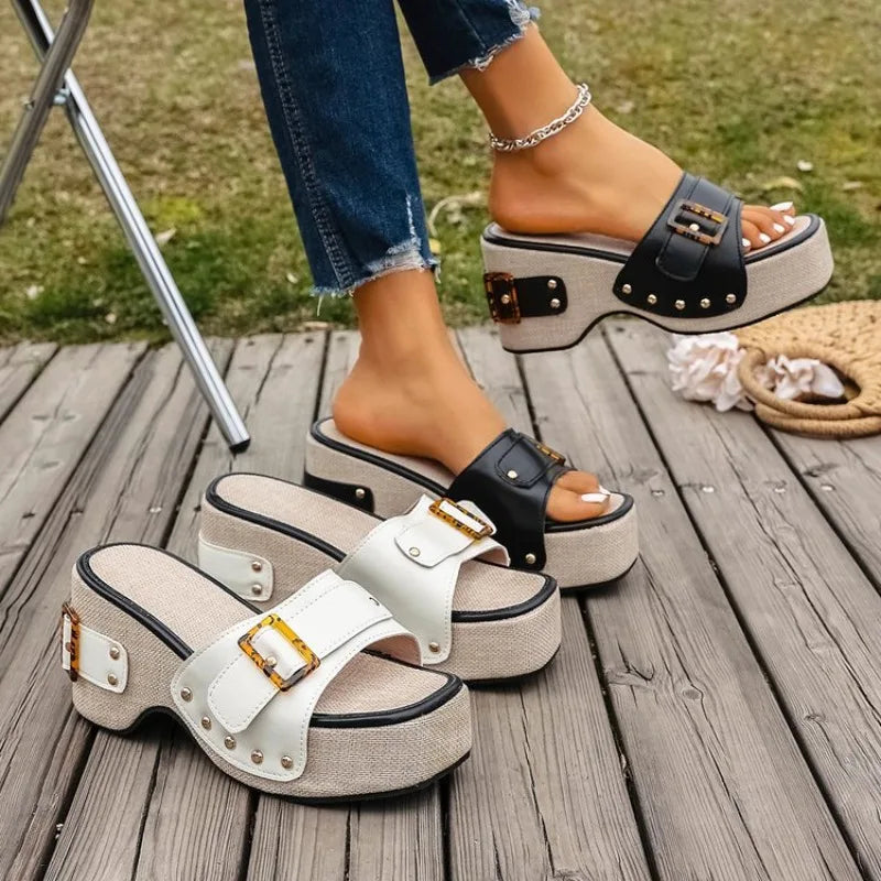 Comfortable Platform Sandals for Women with Double Buckle Strap Studded Wood Look Slide Style