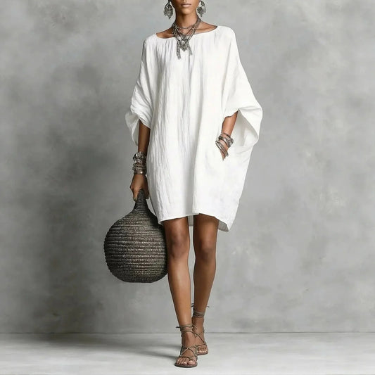 Effortless Linen Kaftan Mini Dress for Women with Round Neck Batwing Sleeve Oversized Bohemian Style