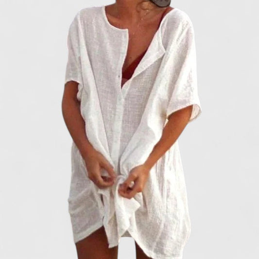 Effortless Linen Shirt Dress for Women with Notch Collar Short Sleeve Button Front Relaxed Style