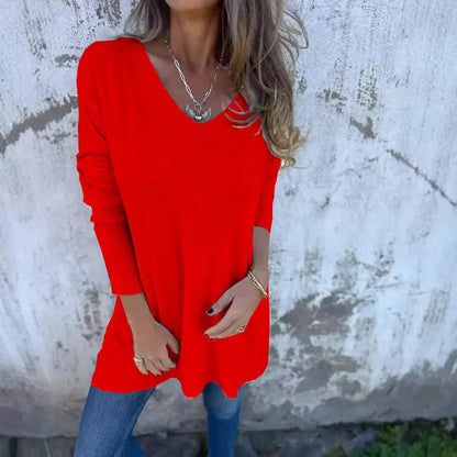 Comfortable Knit Tunic for Women with V-Neck Long Sleeve Oversized Side Slit Casual Style