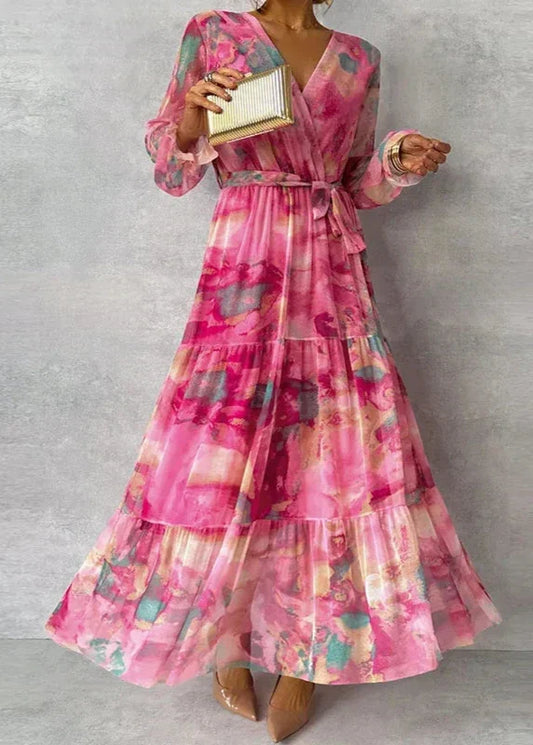 Effortless Pink Floral Maxi Dress for Women with V Neck Bell Sleeve Wrap Tiered Bohemian Style