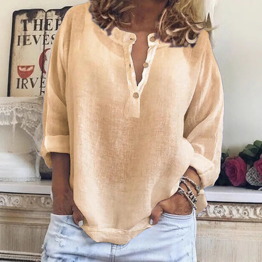Effortless Linen Blouse for Women with V Neck Long Sleeve Button Front Relaxed Style