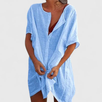 Effortless Linen Tunic for Women with V-Neck Short Sleeve Open Front Oversized Casual Style