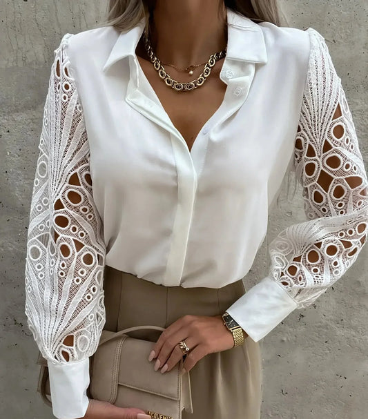 Elegant Satin Blouse for Women with Collar Balloon Sleeve Crochet Lace Button Front Silky Style