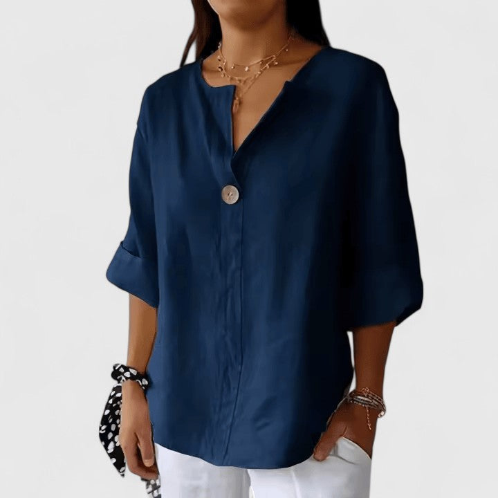 Effortless Linen Blouse for Women with V-Neck Single Button Elbow Sleeve Relaxed Casual Style