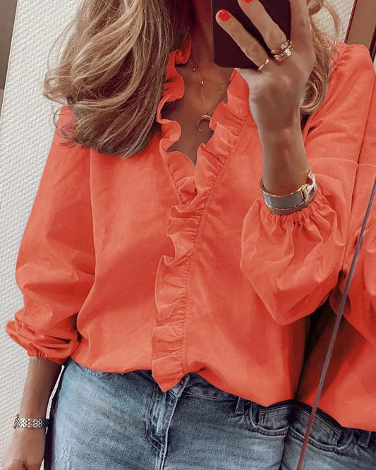 Effortless Ruffle Trim Blouse for Women with V Neck Long Sleeve Elastic Cuff Casual Style