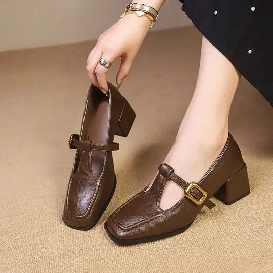 Stylish Leather Mary Jane Pump for Women with Square Toe T Strap Block Heel Vintage Style