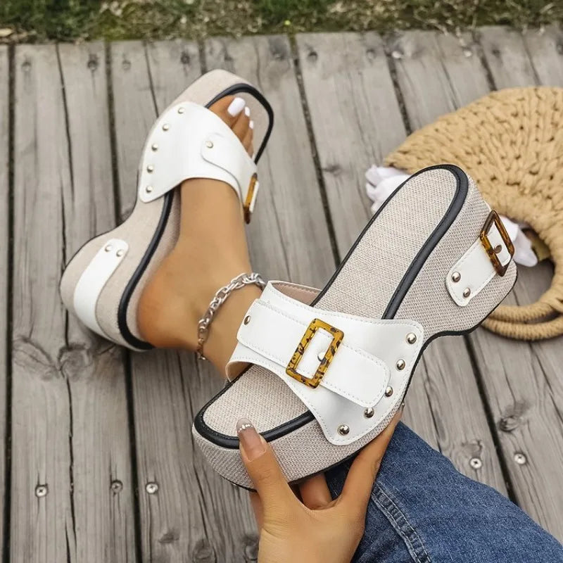 Comfortable Platform Sandals for Women with Double Buckle Strap Studded Wood Look Slide Style
