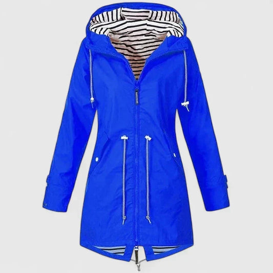 Effortless Striped Lined Rain Jacket for Women with Hooded Long Sleeve Drawstring Waist Casual Style
