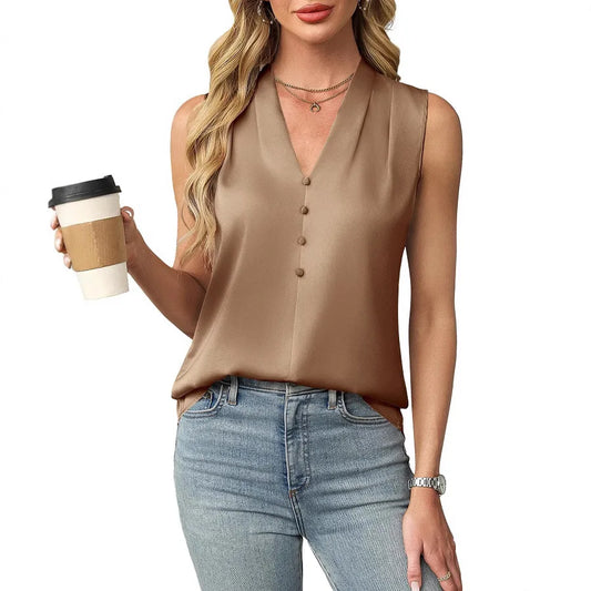 Elegant Satin Blouse for Women with V Neck Sleeveless Button Front Silky Style