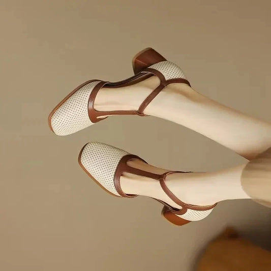 Elegant Perforated Leather T Strap Sandal for Women with Square Toe Block Heel Buckle Vintage Style