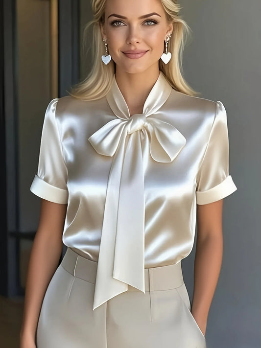 Elegant Satin Blouse for Women with Tie Neck Short Sleeve Cuffed Silky Style