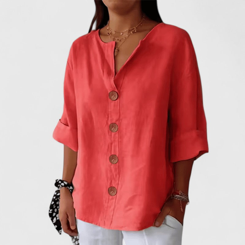 Effortless Linen Button Down Blouse for Women with V-Neck Elbow Sleeve Relaxed Casual Style