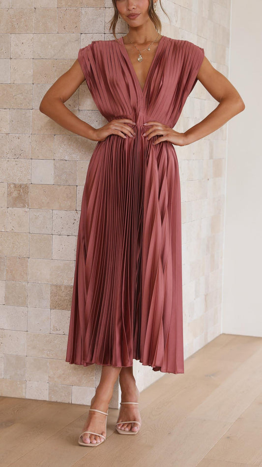 Elegant Pleated Satin Midi Dress for Women with V Neck Cap Sleeve Fitted Waist Flowing Formal Wedding Guest Style