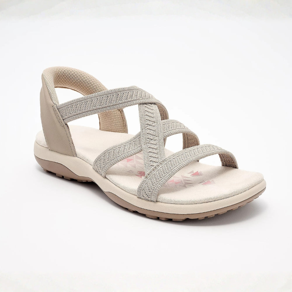Comfortable Sandals for Women with Multi Strap Woven Upper Cushioned Flat Sole Slip On Style