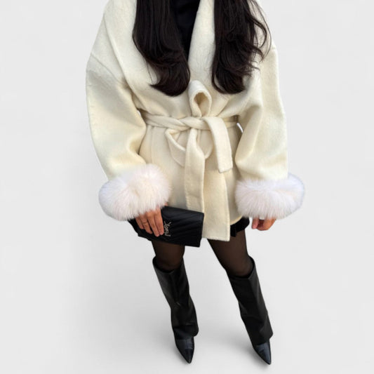 Elegant Wool Wrap Coat for Women with Shawl Collar Long Sleeve Faux Fur Cuff Belted Style