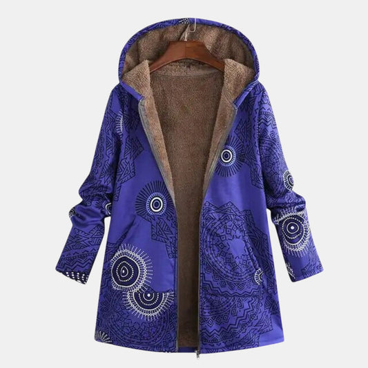 Elegant Blue Tribal Print Hooded Jacket for Women with Sherpa Lined Zip Front Long Sleeve Relaxed Style