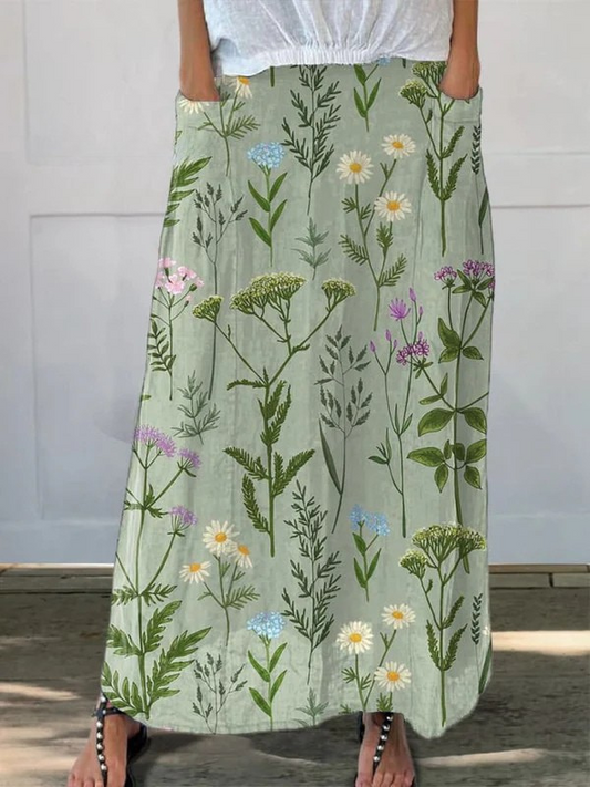 Effortless Green Floral Maxi Skirt for Women with High Waist A Line Flowing Casual Style