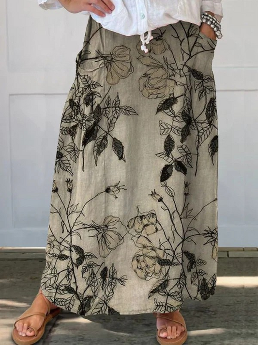 Elegant Khaki Floral Maxi Skirt for Women with High Waist Botanical Print A Line Flowing Style