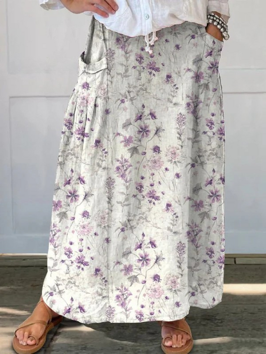 Effortless White Floral Maxi Skirt for Women with Drawstring Waist Pocket Detail Flowing Boho Style