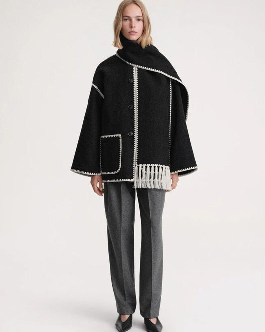 Elegant Whipstitch Wool Jacket for Women with Scarf Collar Long Sleeve Fringe Hem Oversized Style