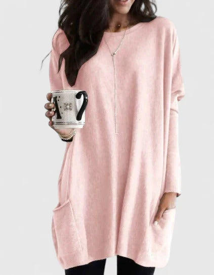 Comfortable Tunic for Women with Crew Neck Long Sleeve Oversized Pocket Casual Style