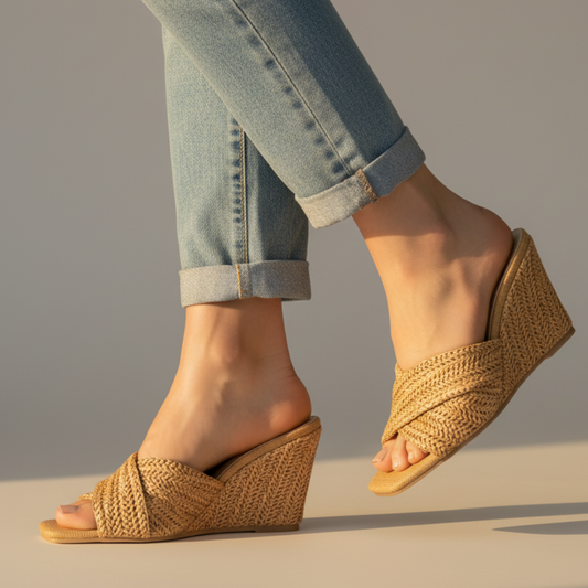 Effortless Woven Wedge Sandal for Women with Crisscross Knotted Square Toe Slide Style