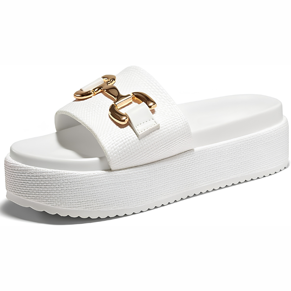 Comfortable Slide Sandals for Women with Woven Strap Gold Buckle Detail Platform Open Toe Style