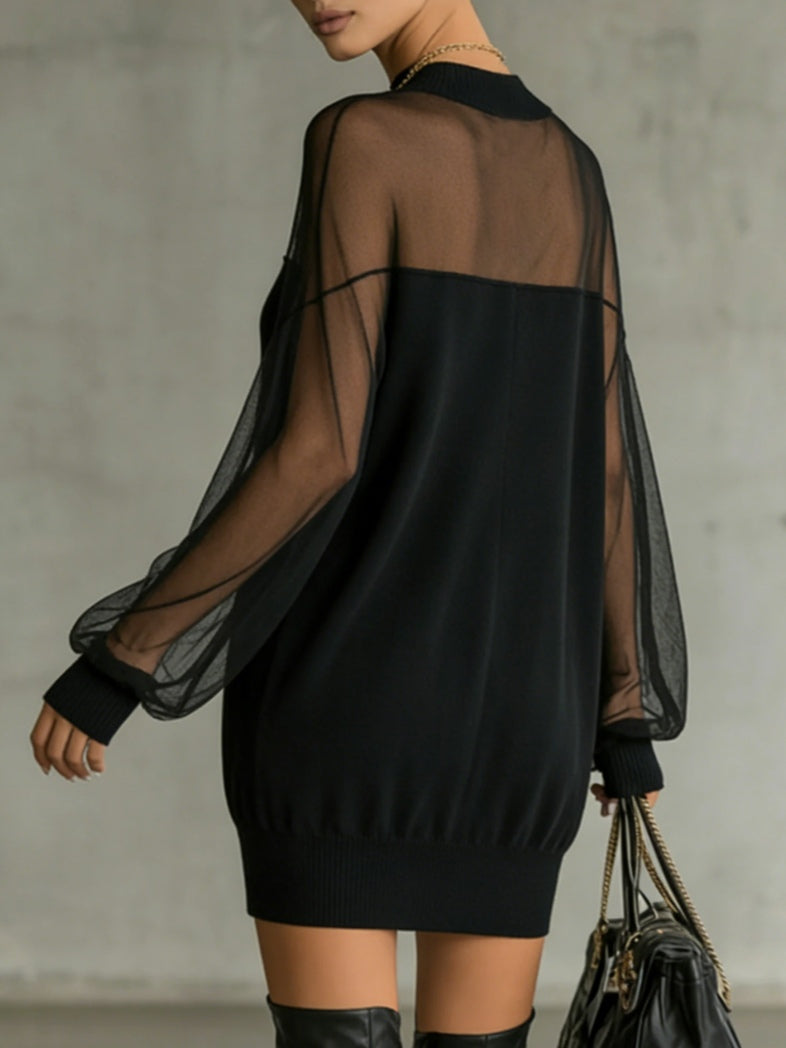 Elegant Black Mini Dress for Women with Sheer Mesh Sleeves and Mock Neck