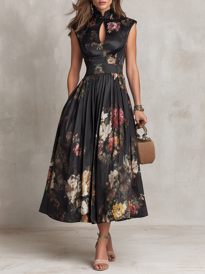 Elegant Black Floral Midi Dress for Women with Stand Collar Keyhole Neck Cap Sleeve A Line Skirt Formal Wedding Guest Style