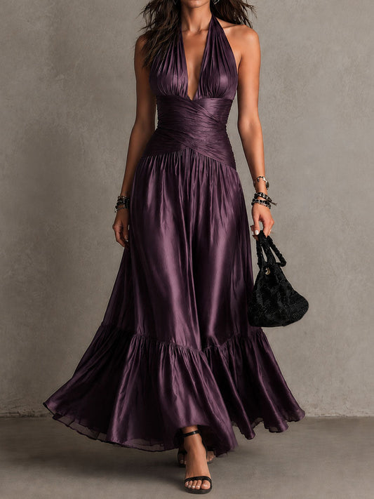 Elegant Purple Satin Maxi Dress for Women with Halter V-Neck Formal Wedding Guest Style