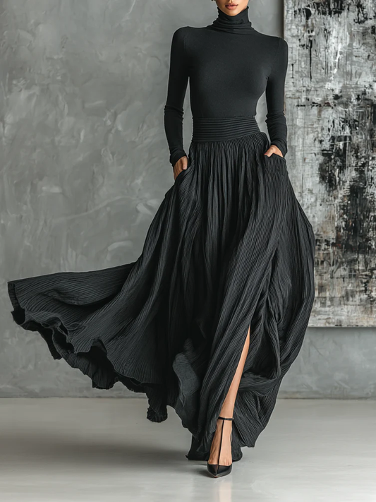 Elegant Black Two Piece Set for Women with High Neck Long Sleeve Pleated Maxi Skirt Flowing Style