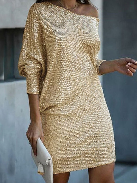 Elegant Sequin Mini Dress for Women with Off Shoulder Batwing Sleeve Bodycon Sparkle Formal Party Style