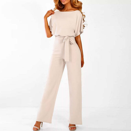 Effortless Belted Jumpsuit for Women with Boat Neck Batwing Sleeve Wide Leg Relaxed Style