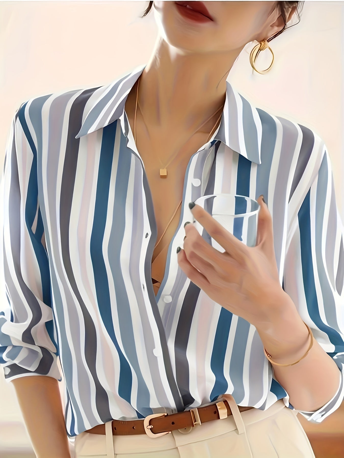 Women'S Casual Striped Shirt, Button-Up Design, Made Of, Suitable for Spring, Summer, And Autumn Casual Or Formal Wear | Classic Lapel Fashion Button-Up, Elegant Women'S Shirt, Beautiful Women'S Shirt, Autumn Women'S Top Trend, Women'S Clothing