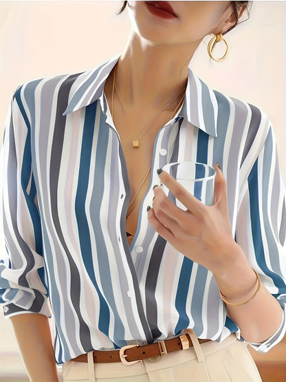 Women'S Casual Striped Shirt, Button-Up Design, Made Of, Suitable for Spring, Summer, And Autumn Casual Or Formal Wear | Classic Lapel Fashion Button-Up, Elegant Women'S Shirt, Beautiful Women'S Shirt, Autumn Women'S Top Trend, Women'S Clothing