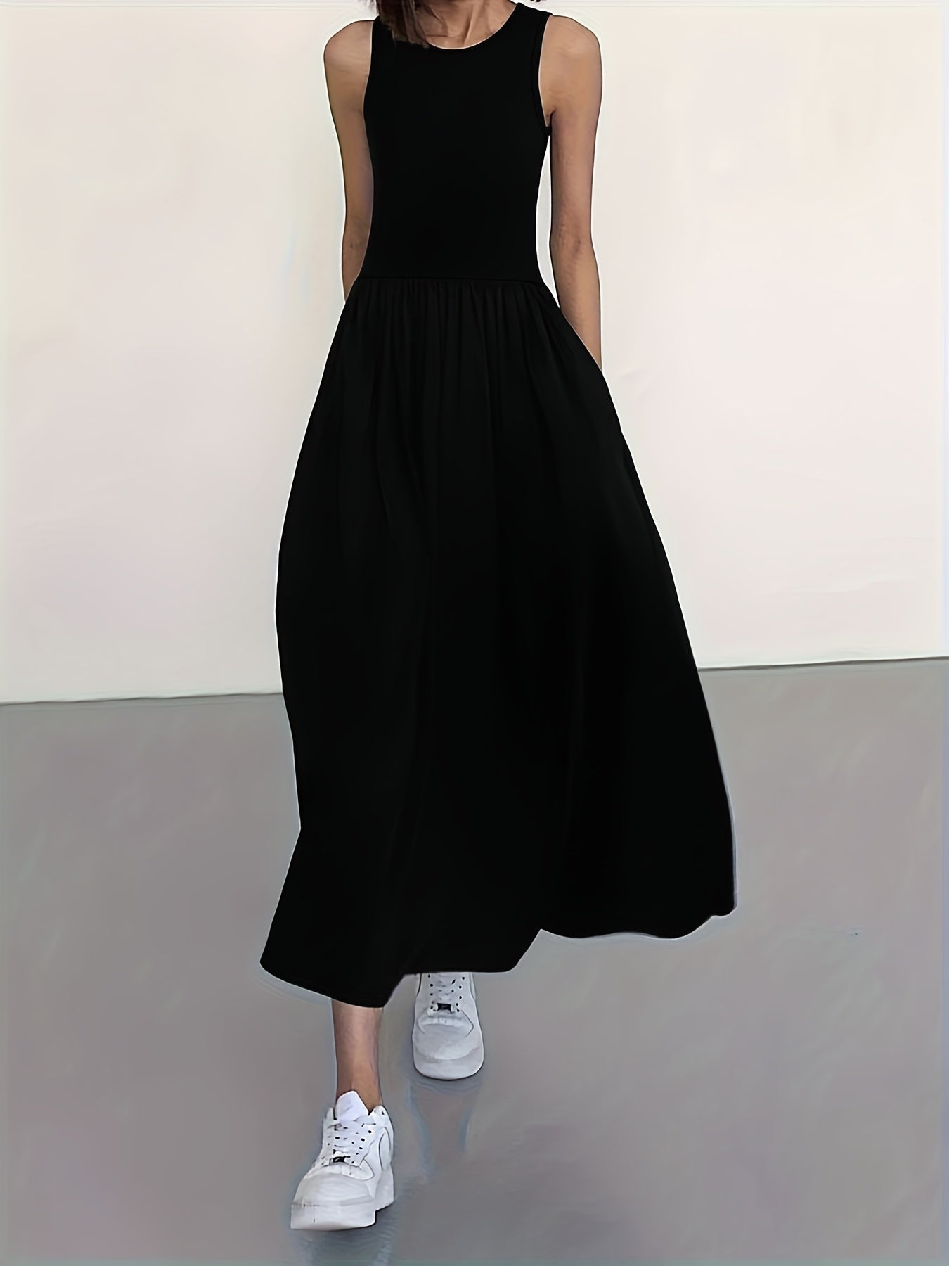 [Women's Midi Dress] Women's Casual Sleeveless Midi Dress - Round Neck, Solid Color, Pleated A-line Skirt, Suitable for All Seasons