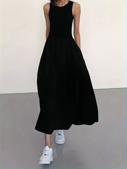 [Women's Midi Dress] Women's Casual Sleeveless Midi Dress - Round Neck, Solid Color, Pleated A-line Skirt, Suitable for All Seasons